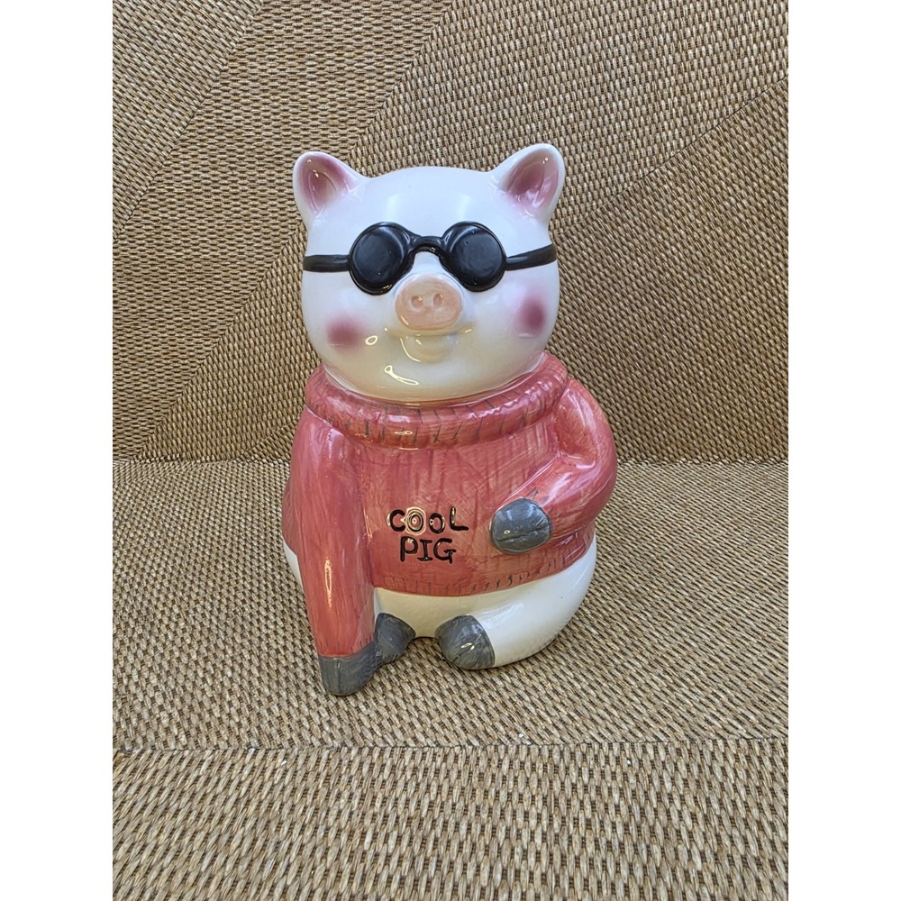 COOL PIG Ceramic Pig‎ Bank Motorcycle Goggles Dresser Top Decor Blushing Gift 8"